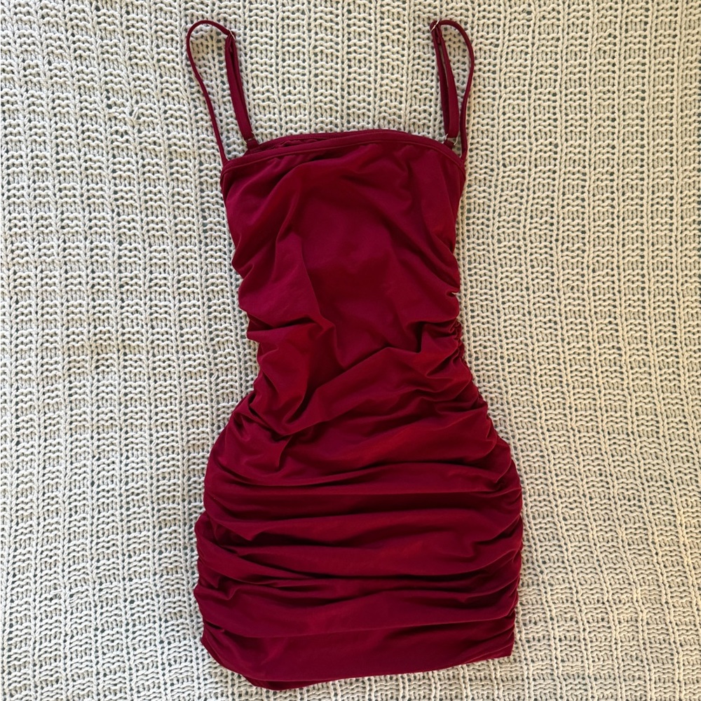 Elegant Burgundy Bodycon Spaghetti Ruched Mini Dress Party Sexy Going Out Small